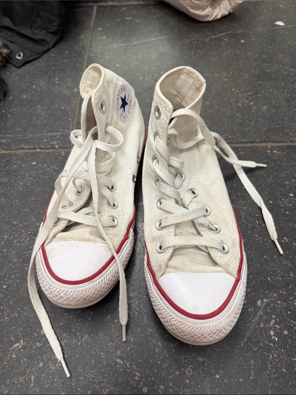 Converse White High-Top Sneakers with Red Stripe